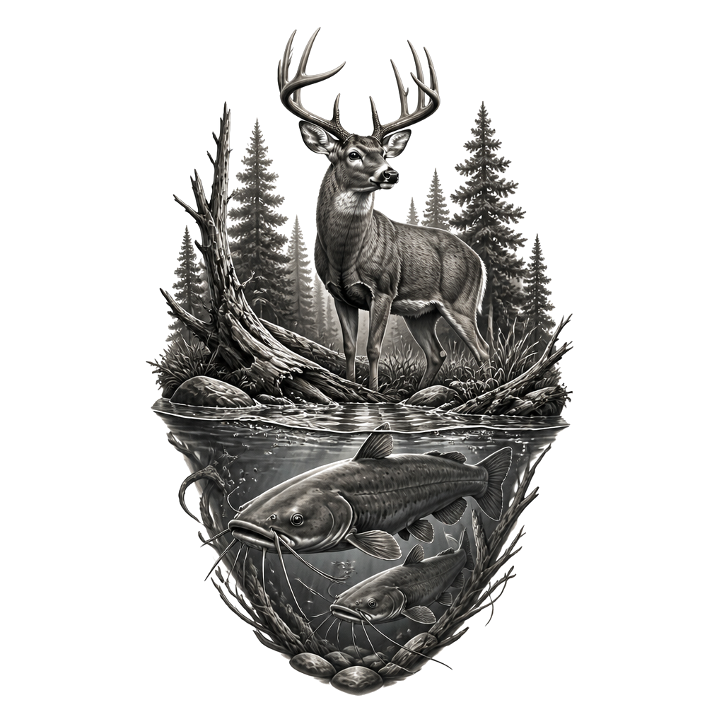Buck in the woods with catfish in water