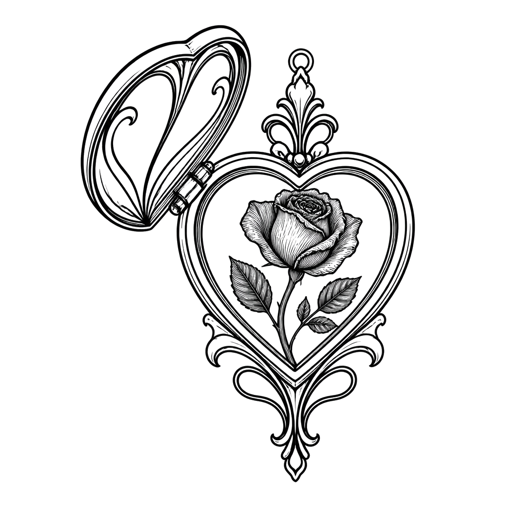 A heart-shaped locket open to reveal a pressed rose