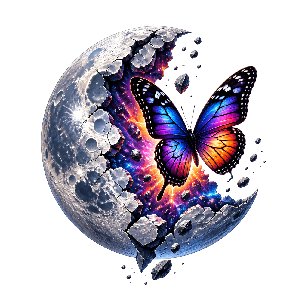 A moon cracked open with a butterfly escaping