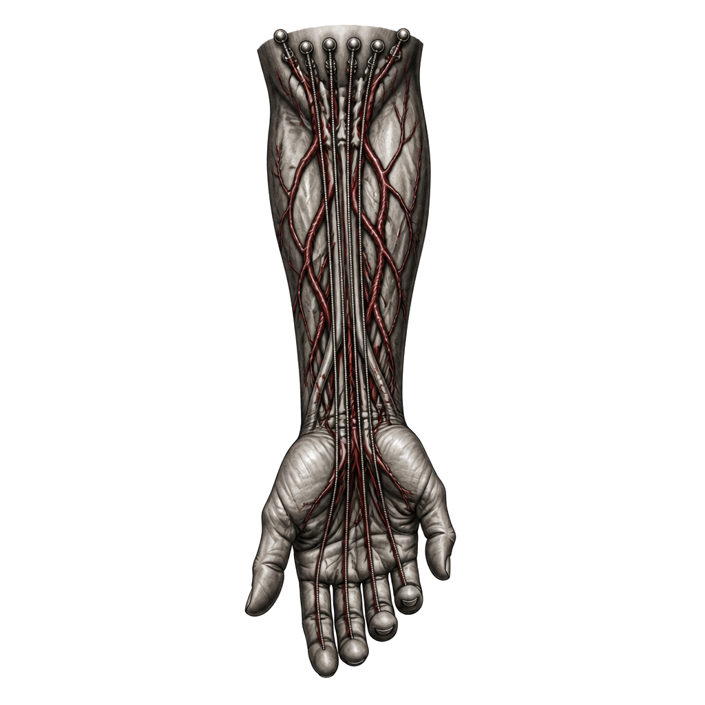 Guitar strings for veins and blood forearm