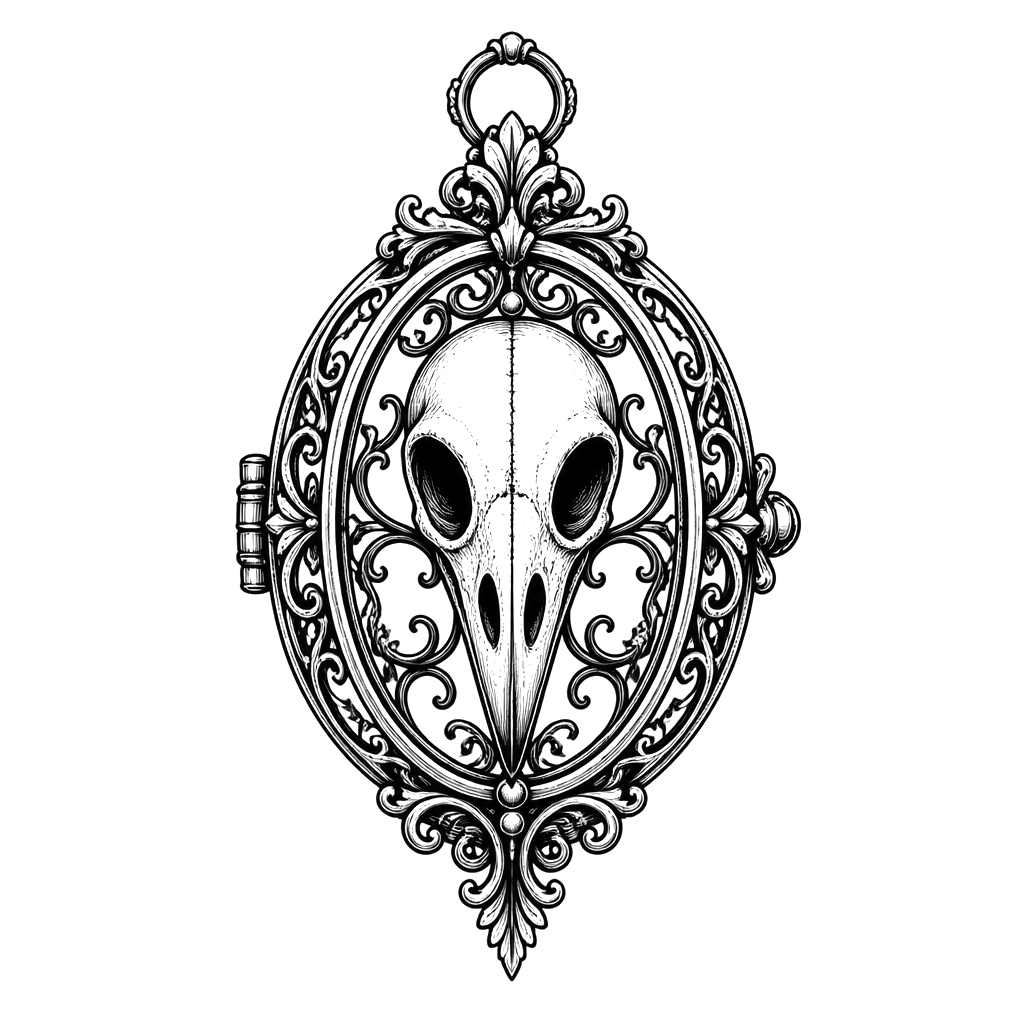 A bird skull set inside a filigree locket
