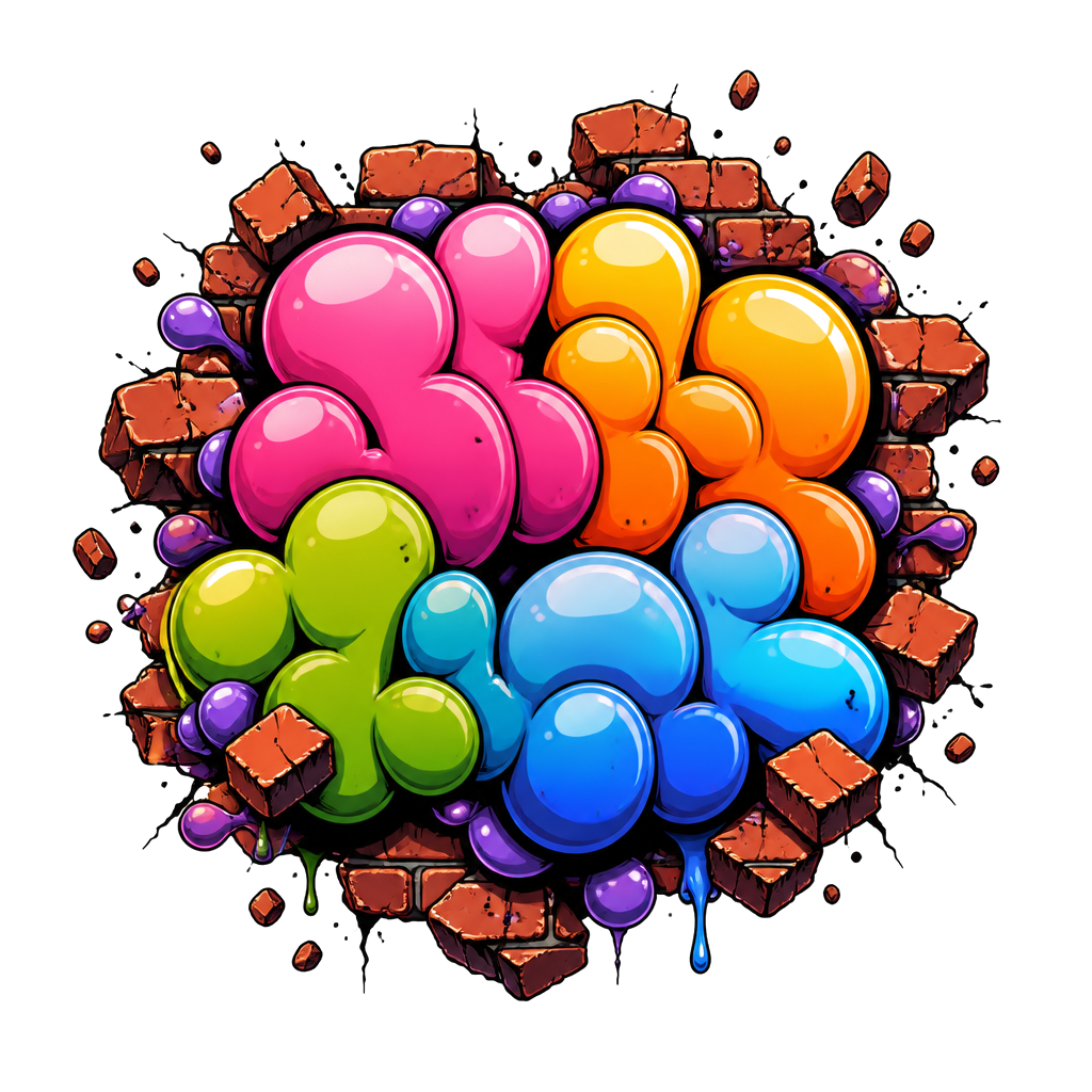 Bubble letters bursting off a brick wall