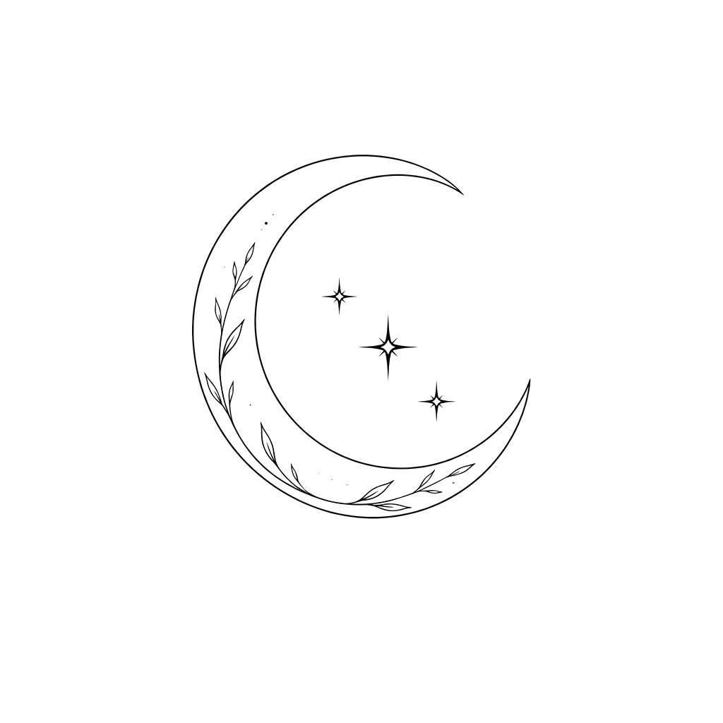 A crescent moon cradling three tiny stars