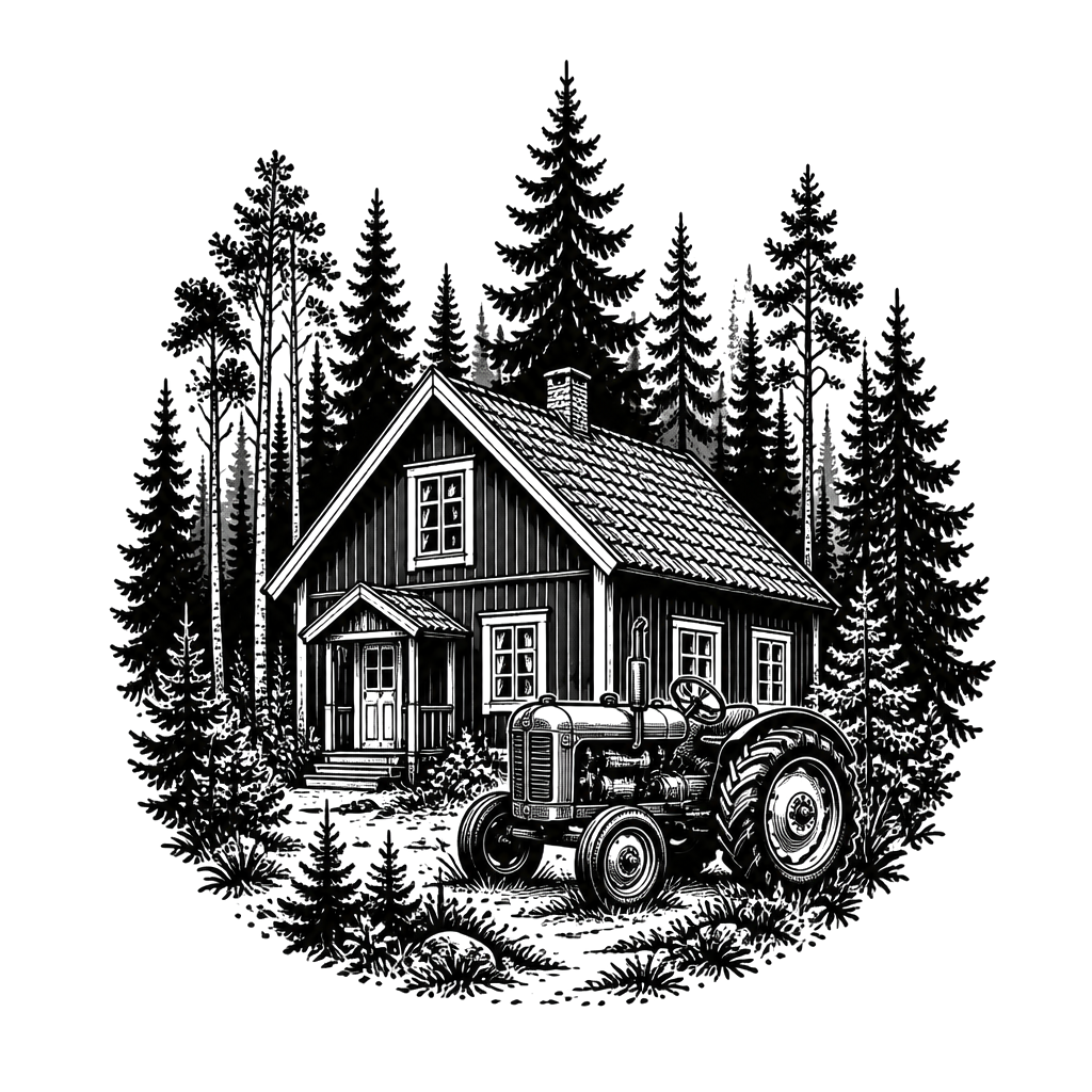 A forest with a house thats typical from swedens Wood and a old tractor next to the house