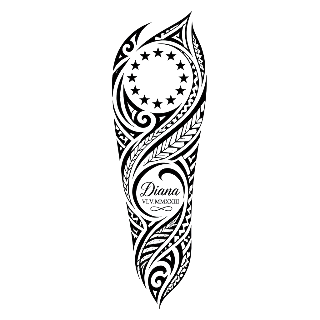 Forearm tattoo with a mixture of cook island and Samoan patterns, add the 15 stars. In a small area add the name : “Diana” and date “06.05.2023” in Roman numeral under the name