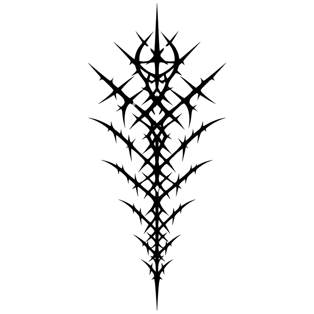 A spiked sigil lattice branching down the spine