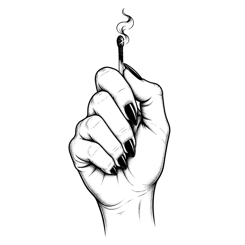 A woman's hand closing around a struck match