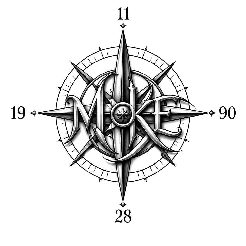“Mike” woven into a compass, with November 28, 1990 marking the cardinal points.