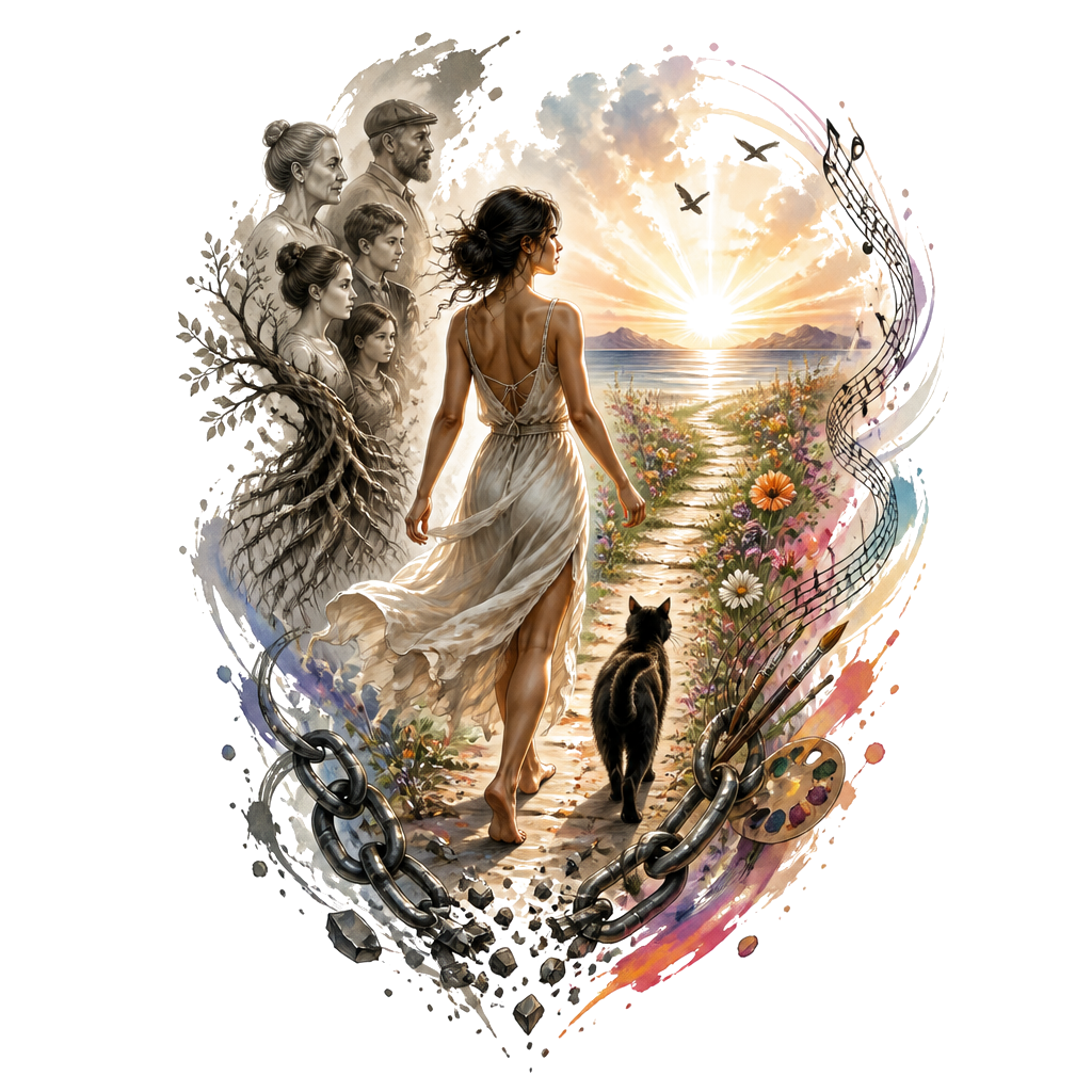 A woman stepping from broken chains toward an open horizon, her black cat beside her; family roots, flowing musical notes, painterly marks, and a blooming path weave around her.