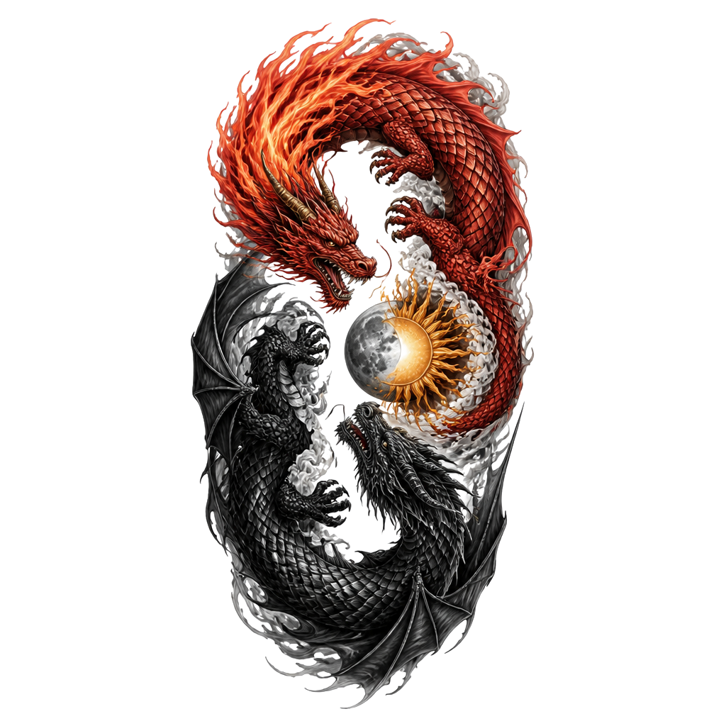 Un dragon rouge avec la queue en flamme et un dragon noir avec des ailes et plus sombre, placé à l’envers comme le ying et le yang, avec au milieu des deux dragons une lune et un soleil. Je veux qu’il soit en long et que leurs têtes soit face à face