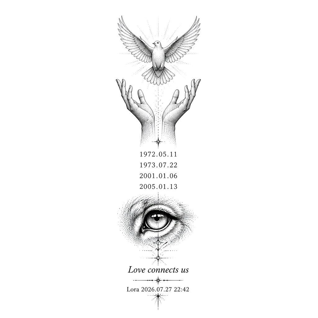 Create a small dotwork-style tattoo for the triceps.

It should include:

* “Love connects us”
* “Lora 2026.07.27 22:42”
* Above it, a lion’s eye
* 1972.05.11
* 1973.07.22
* 2001.01.06
* 2005.01.13
* Above that, two hands with a dove above them
