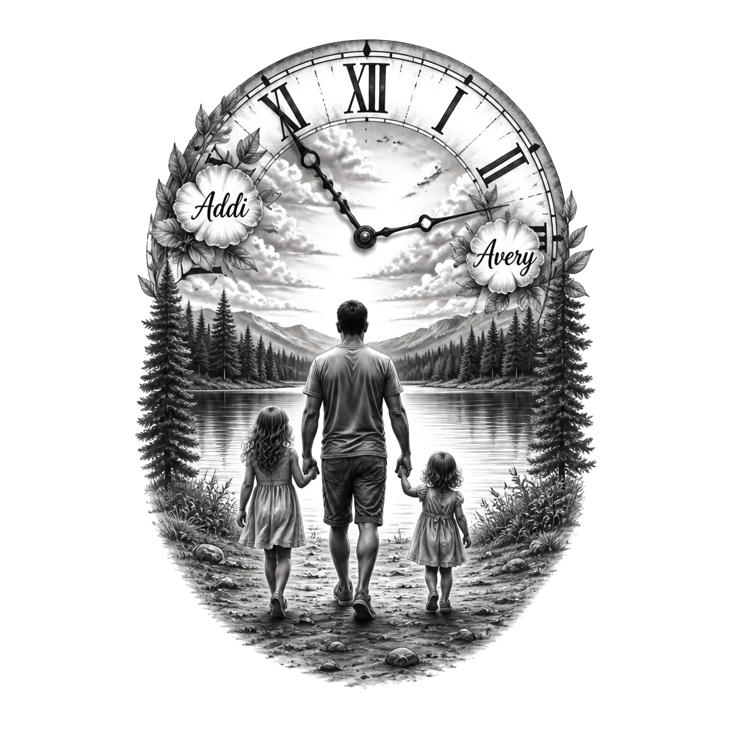 Lake background with a dad and two little girls walking towards it holding hands. One girl taller than the other. A clock with Roman numerals and the little girls names Addi and Avery somewhere in it.