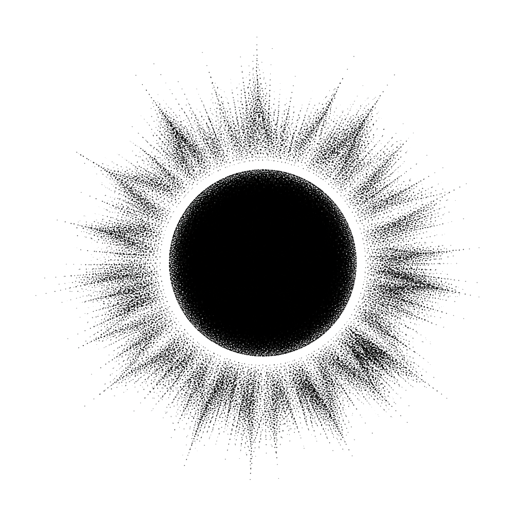A total eclipse ringed by a stippled corona