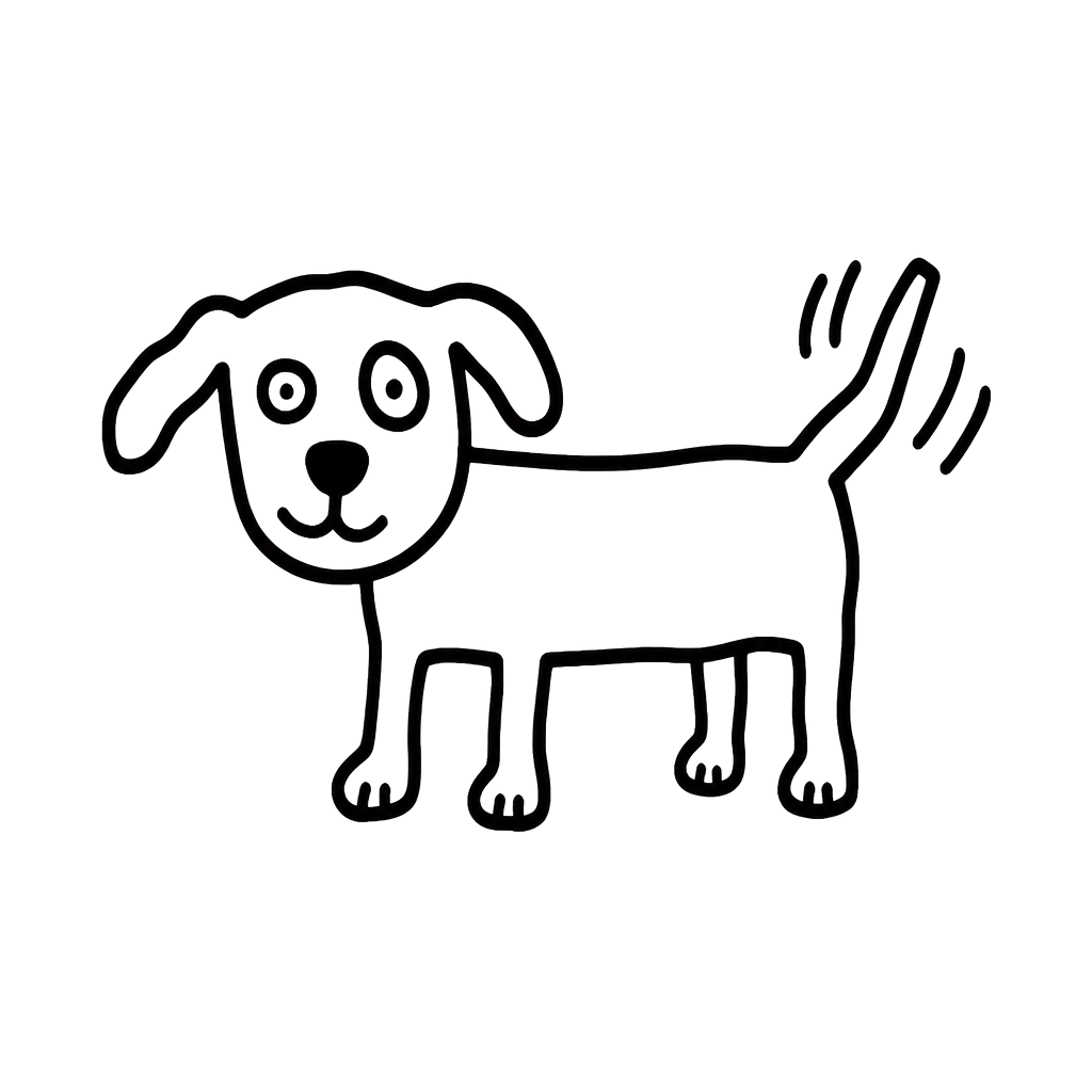 A badly drawn dog wagging its tail