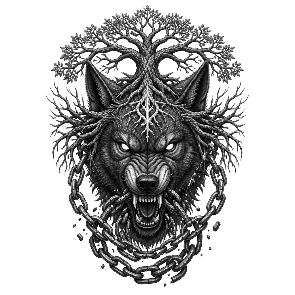 Fenrir’s snarling head centered on the forehead, Yggdrasil roots spreading toward the temples, broken chains flowing from its jaws and wrapping around the neck.