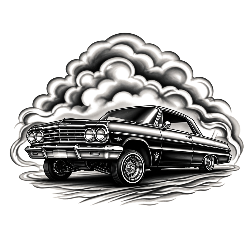 A lowrider cruising under a smoky grey sky