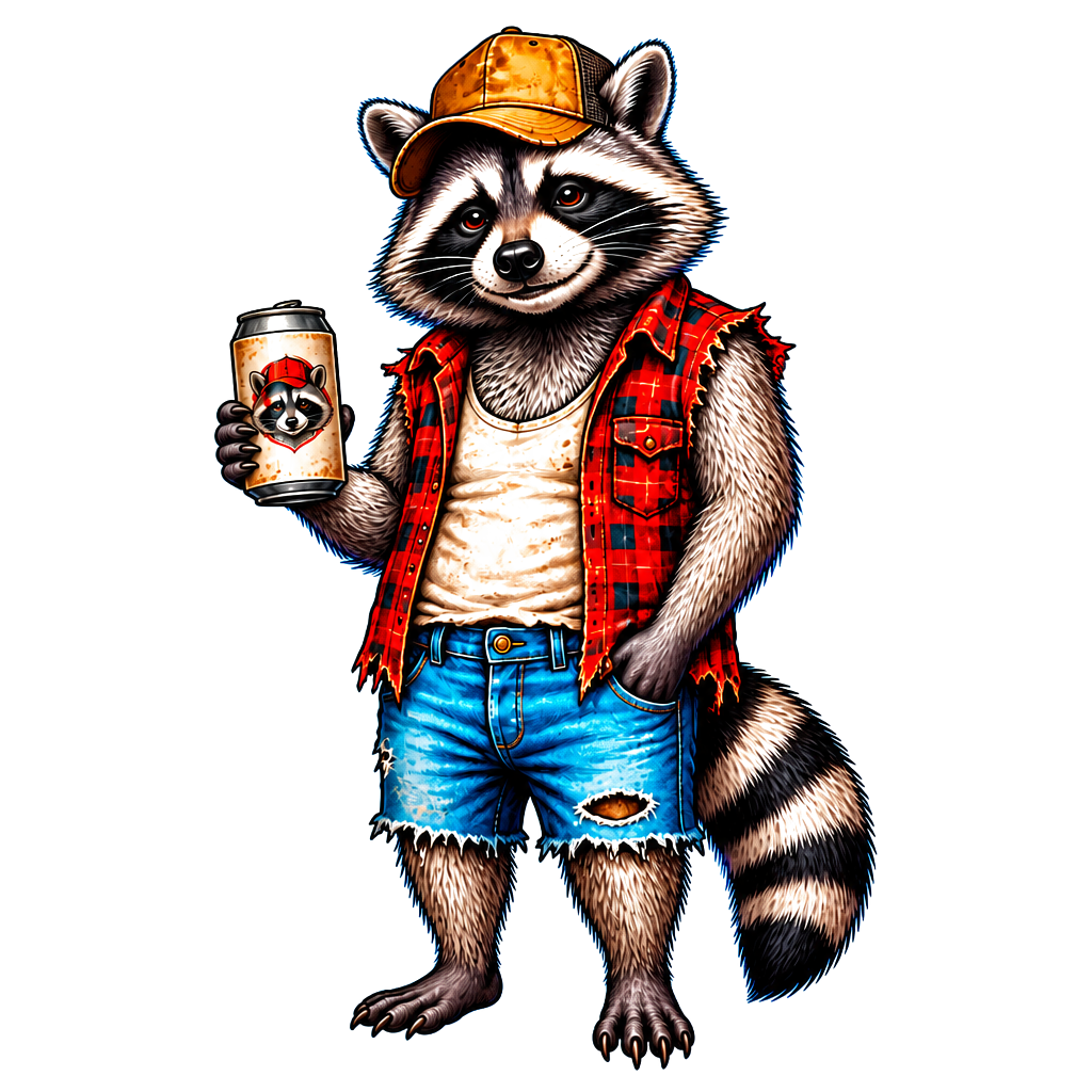 A raccoon dressed as a redneck holding a beer can. The beer can says trash panda drew