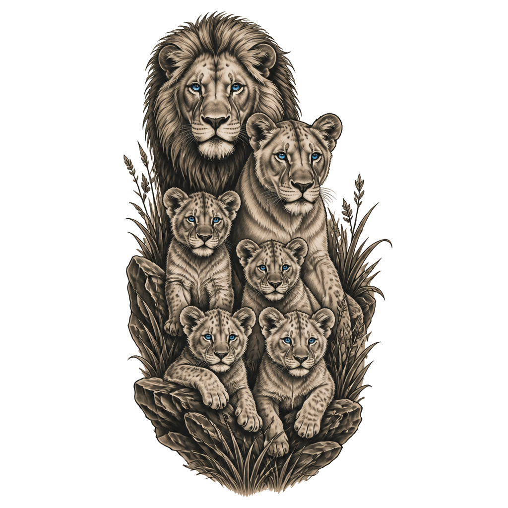 Female forearm tattoo of 4 cubs a lion and a lioness all with blue eyes looking like their in the wild less realistic for tattooing