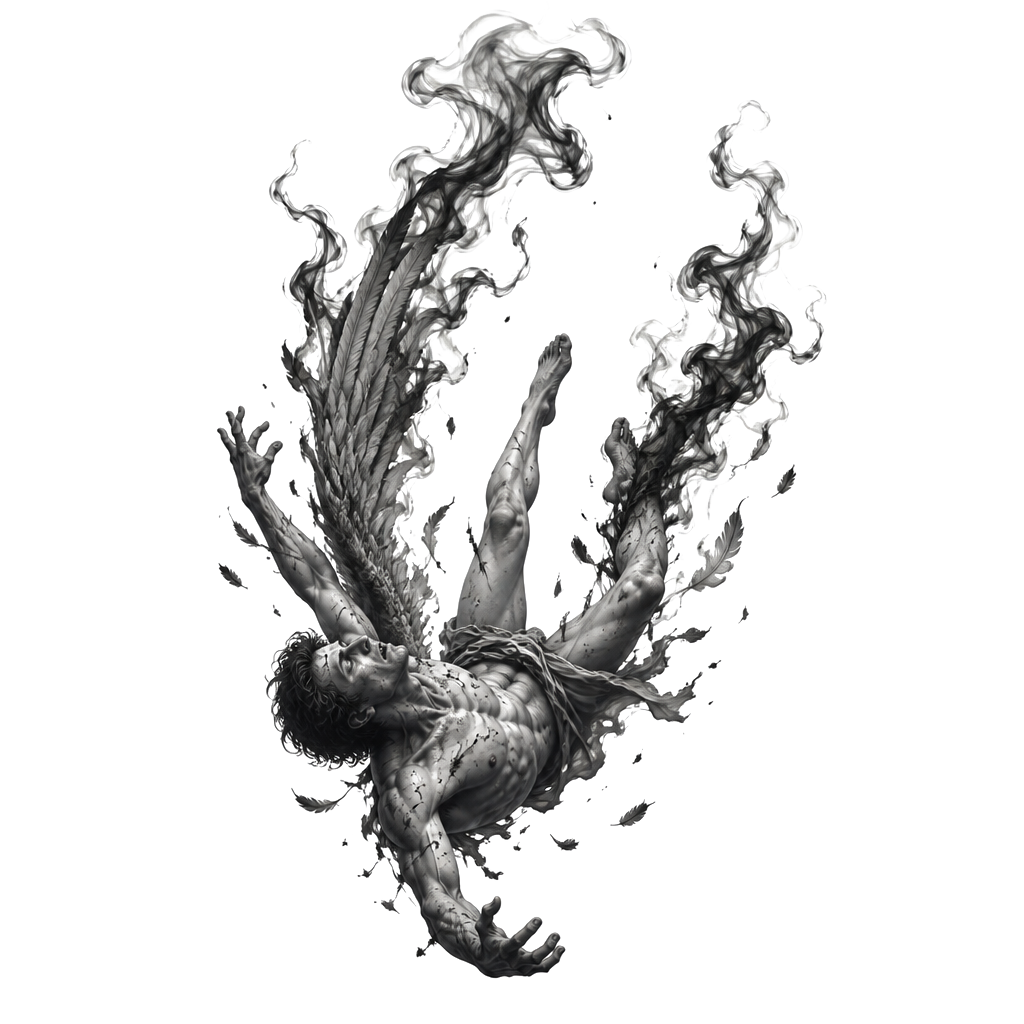 Icarus mid-fall, feathers turning to smoke
