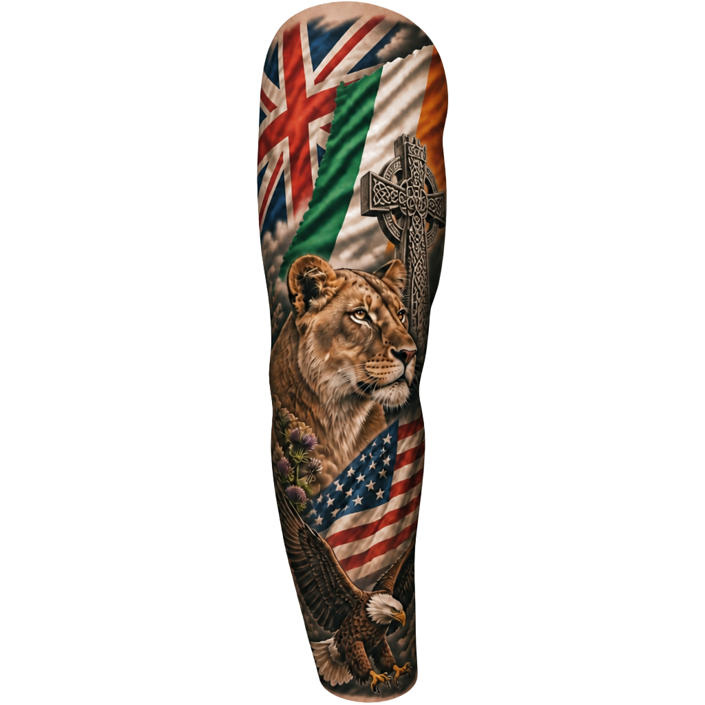 English and Irish tattoo with meaning that also is America. Create it in a full sleeve also include a female lion.