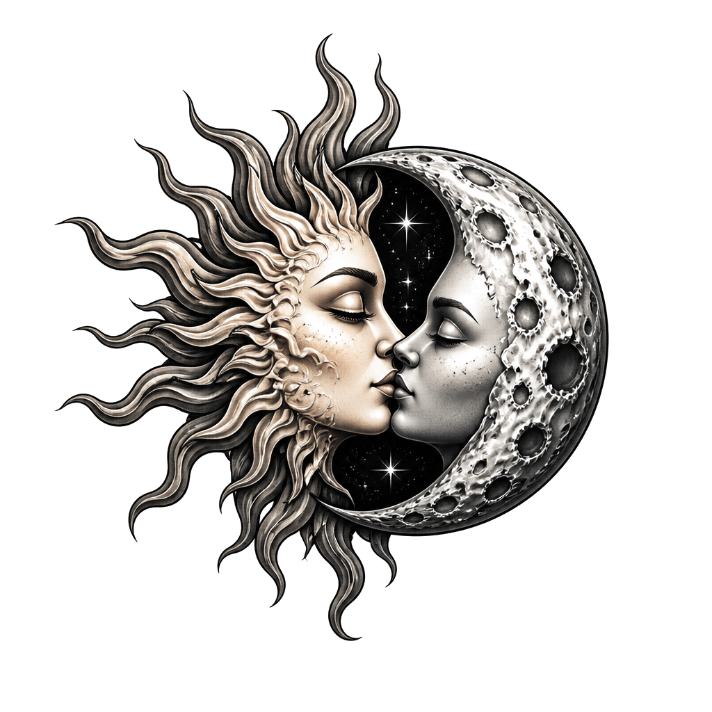 The sun and moon locked in an eclipse kiss