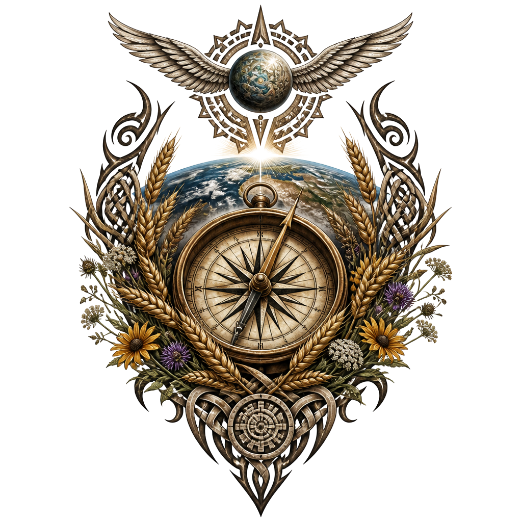 An antique compass cradled in wheat and late-summer wildflowers, its needle pointing toward a small winged planet above a textured earth horizon.