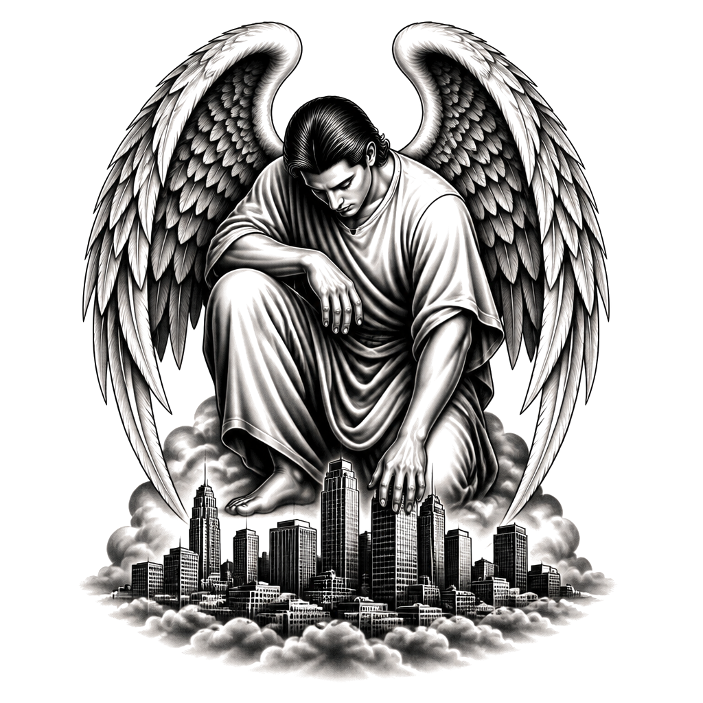 A guardian angel kneeling over a city skyline