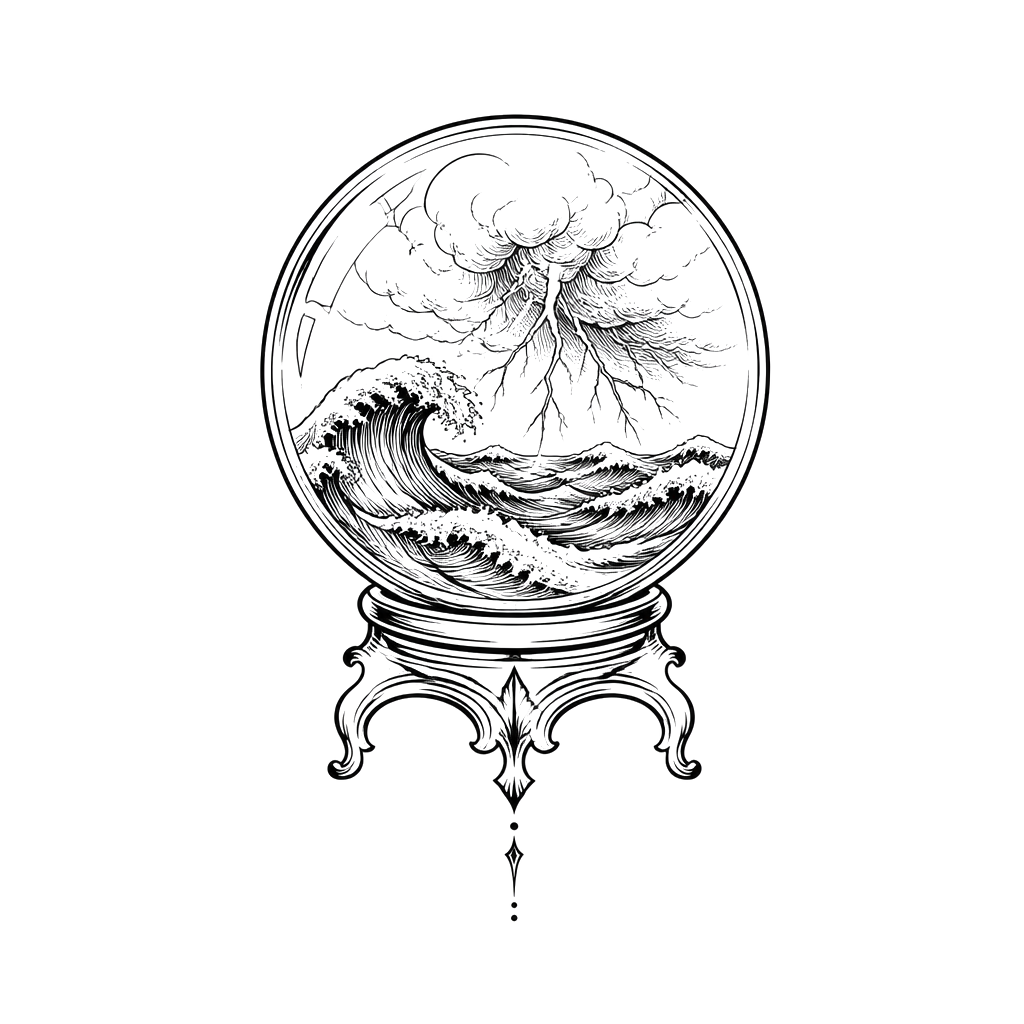 A crystal ball showing a storm at sea