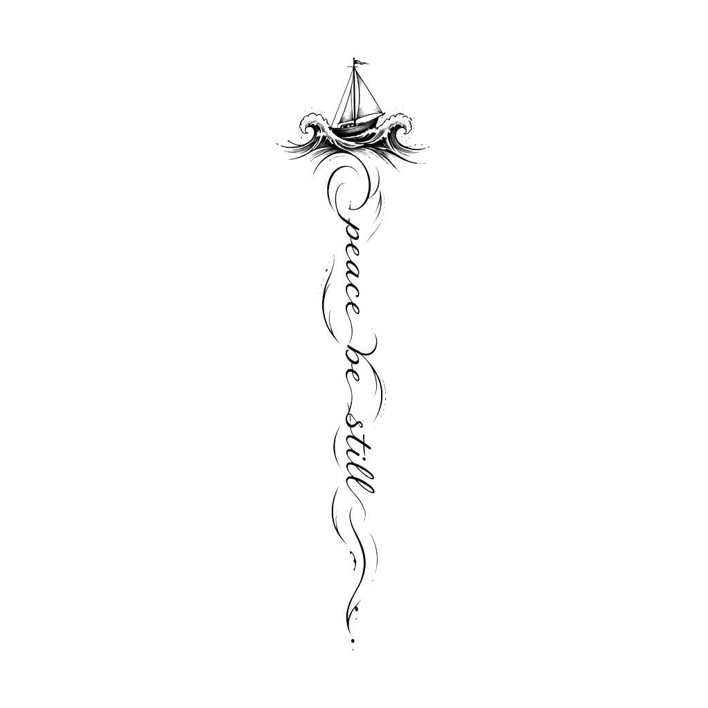 Spine tattoo a small sale boat at the top with waves around it with the words peace be still going down the spine in cursive