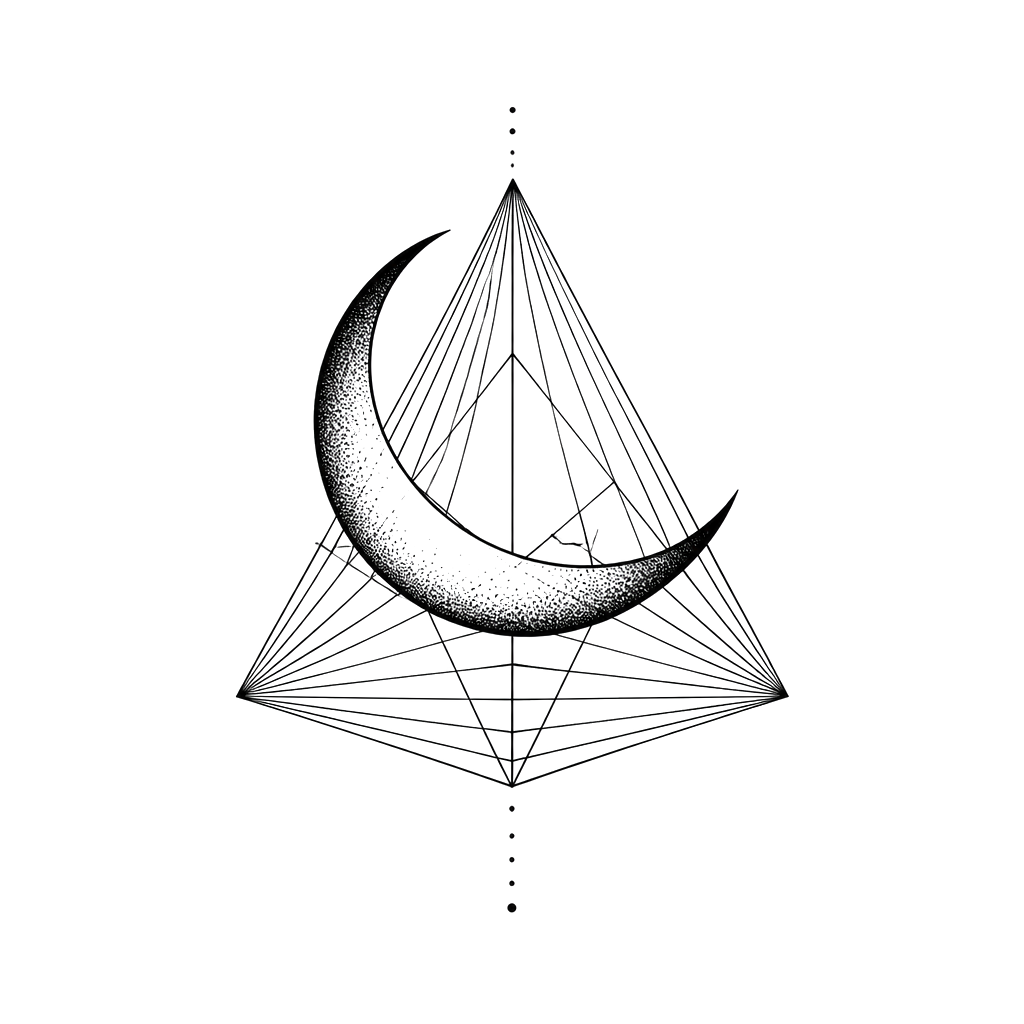 A crescent moon slicing through a pyramid of fine lines