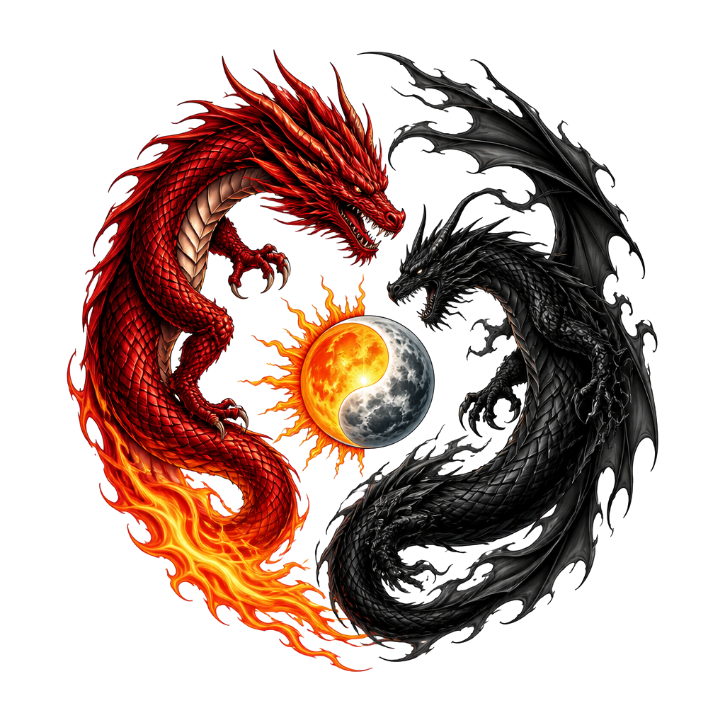 Un dragon rouge avec la queue en flamme et un dragon noir un peu différent, placé comme le ying et le yang, avec au milieu des deux dragons une lune et un soleil
