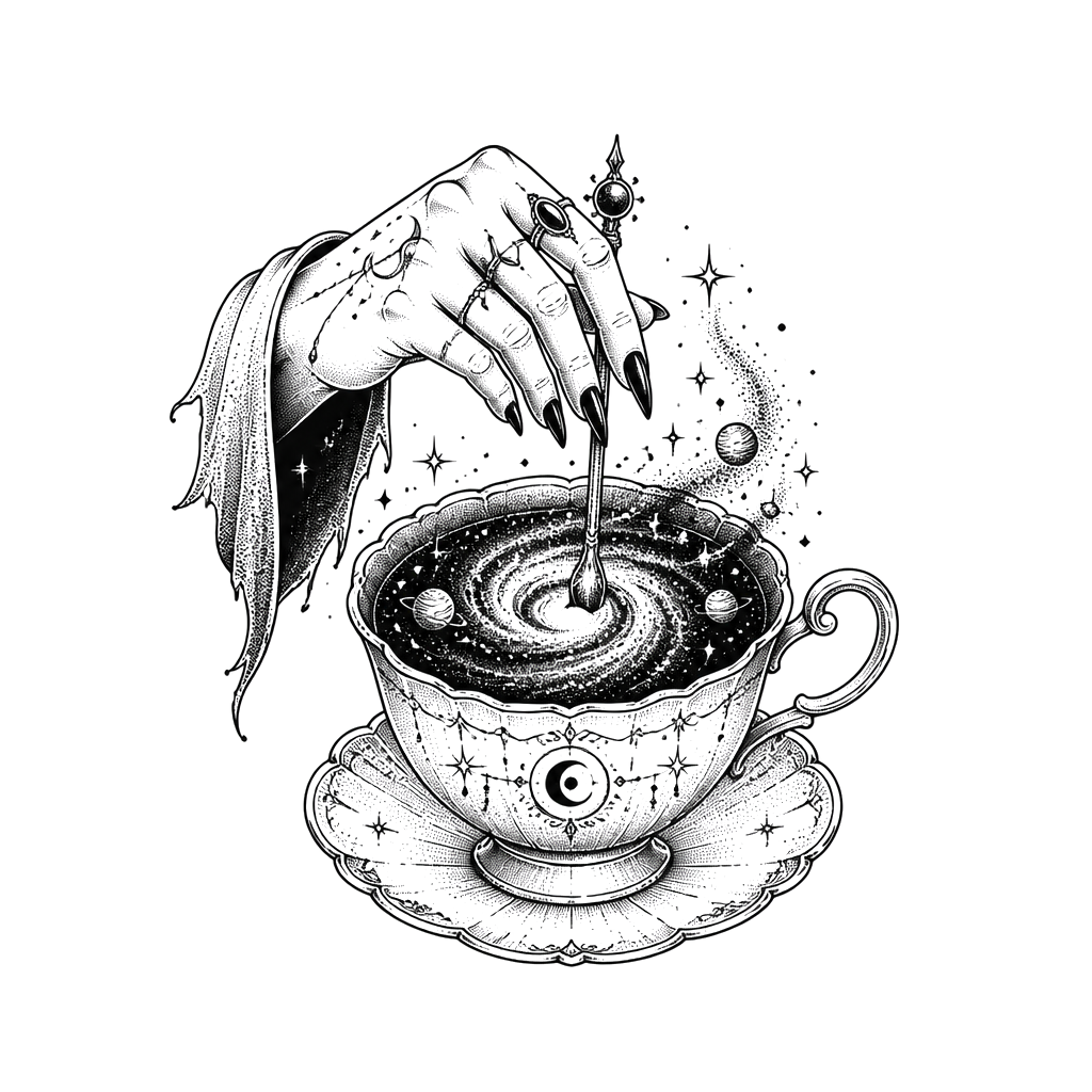 A witch's hand stirring a galaxy in a teacup