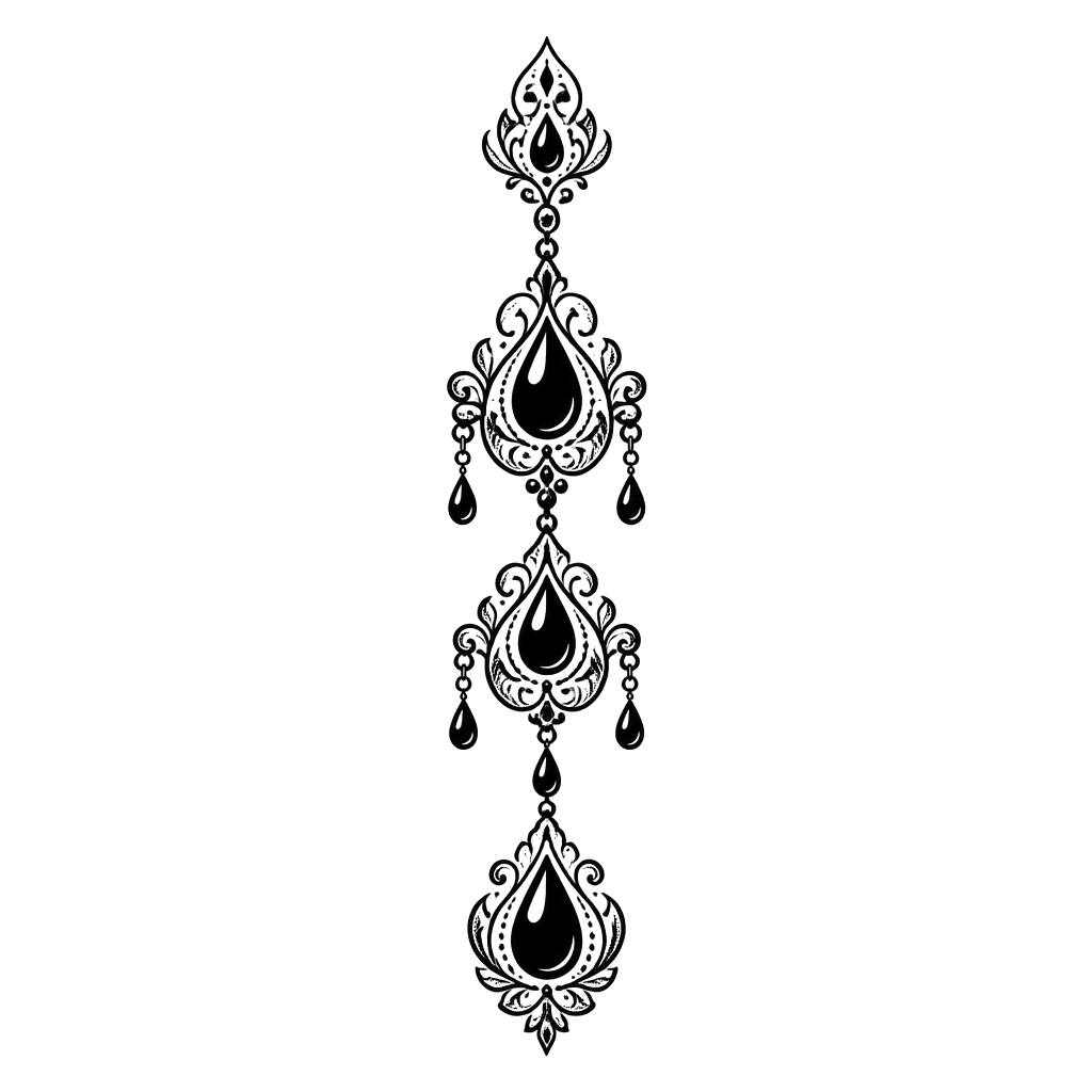 A cascading earring of ornamental drops
