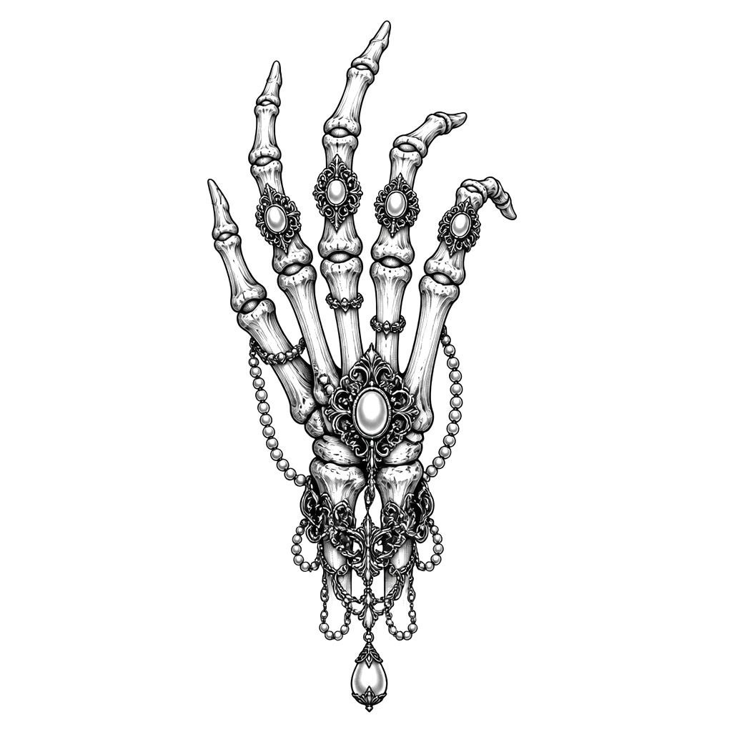 A skeleton hand adorned with filigree rings and pearls