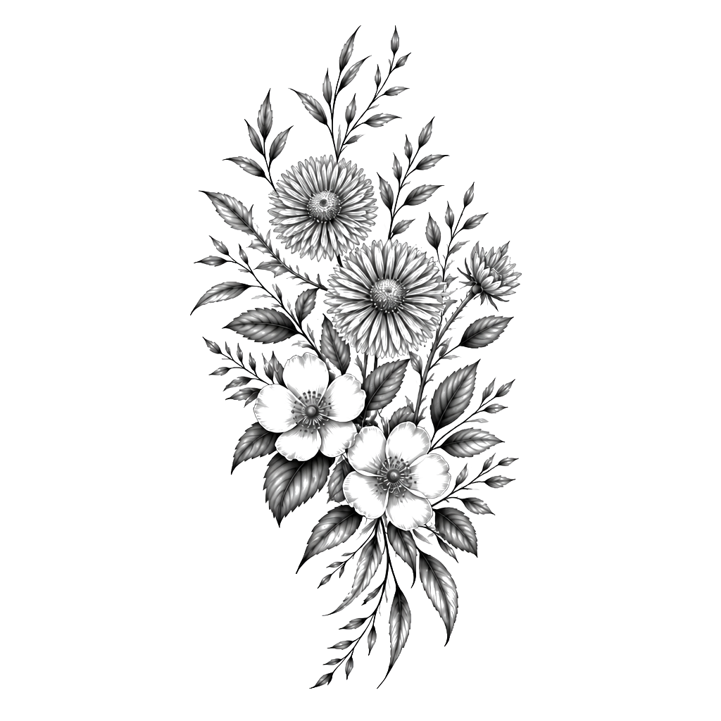 Floral design with three flowers in amongst leaves primarily on my left thigh rising slightly to my hip