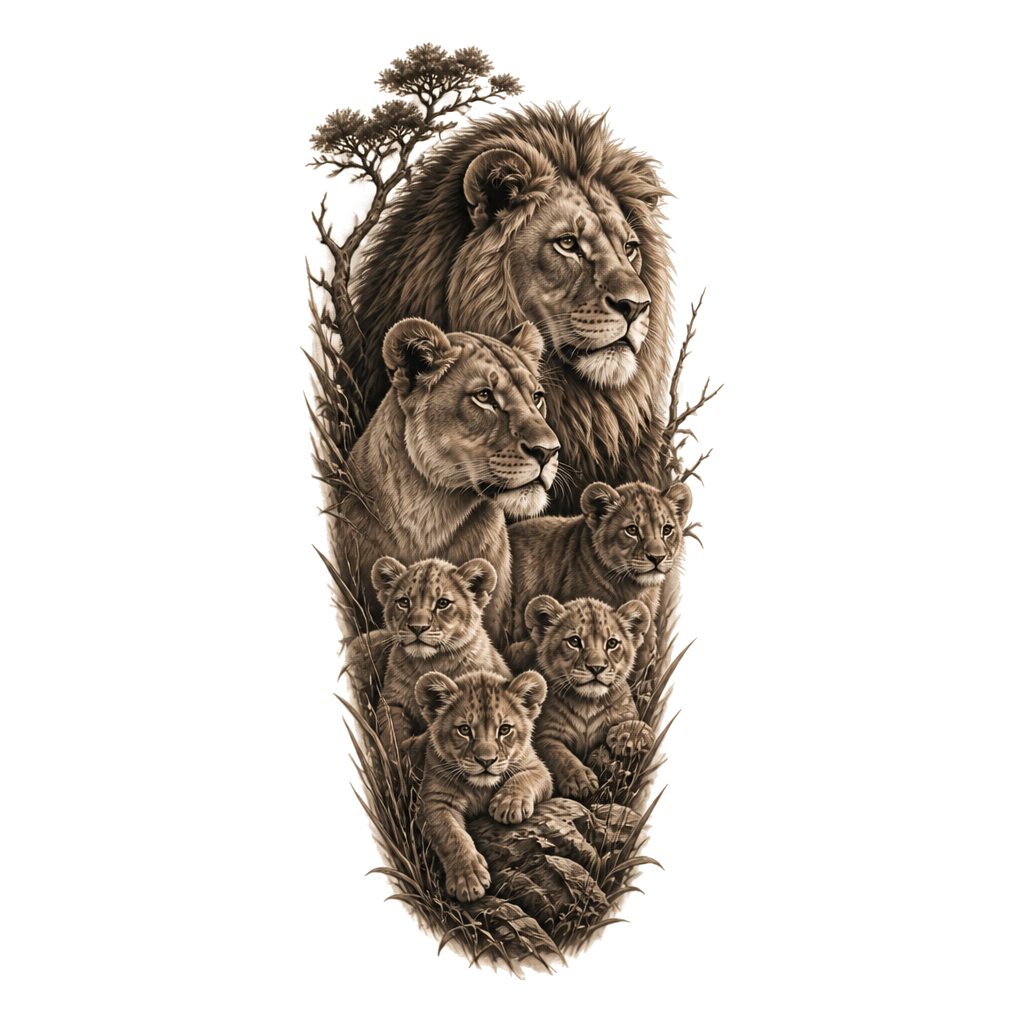 Female forearm tattoo of 4 cubs a lion and a lioness looking like their in the wild