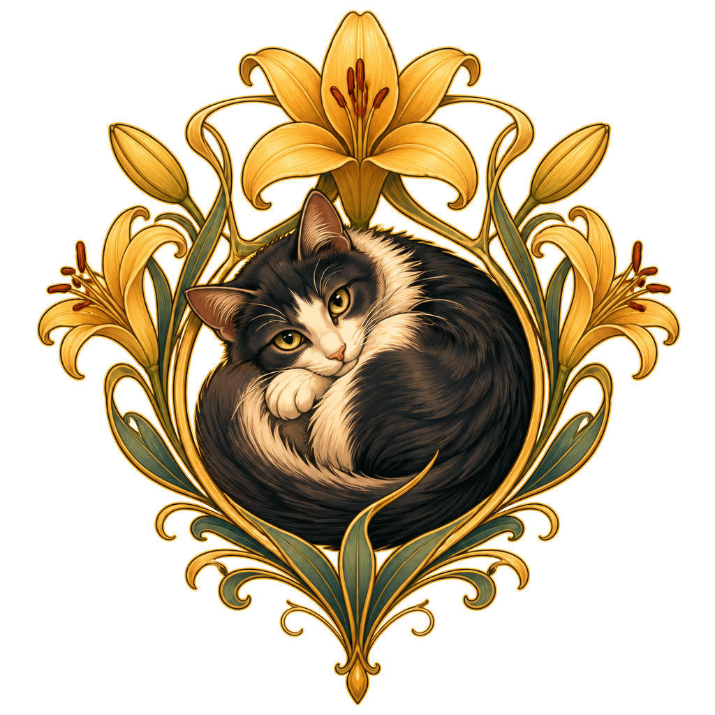 A cat curled inside a golden lily frame
