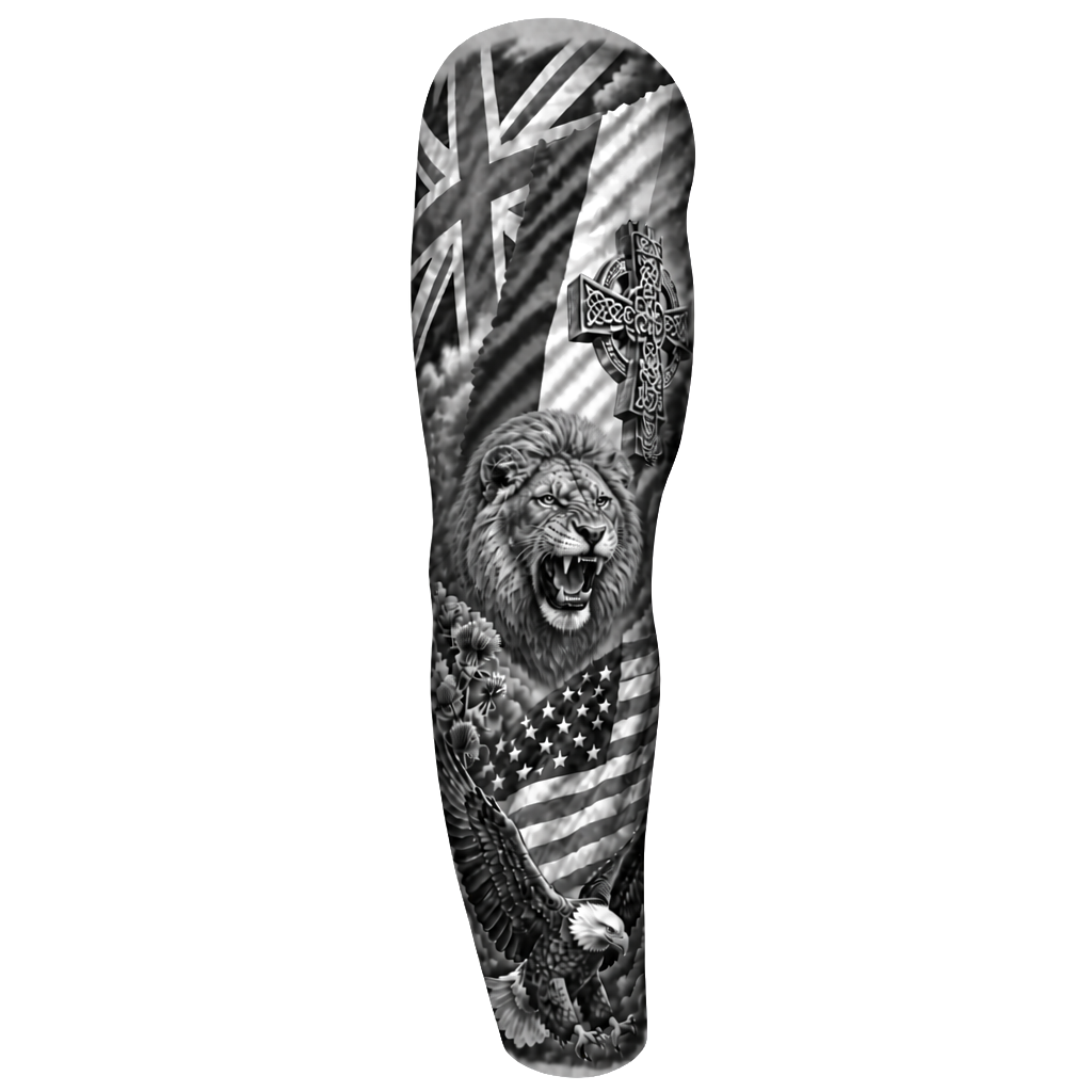 English and Irish tattoo with meaning that also is America. Create it in a full sleeve also include a female lion.