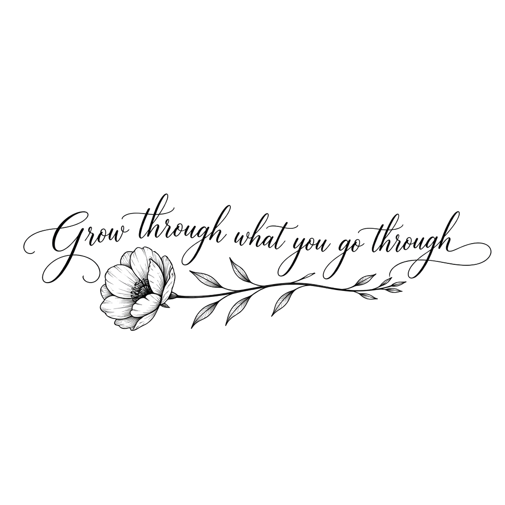“Grow through what you go through” in one sentence with a flower along forearm