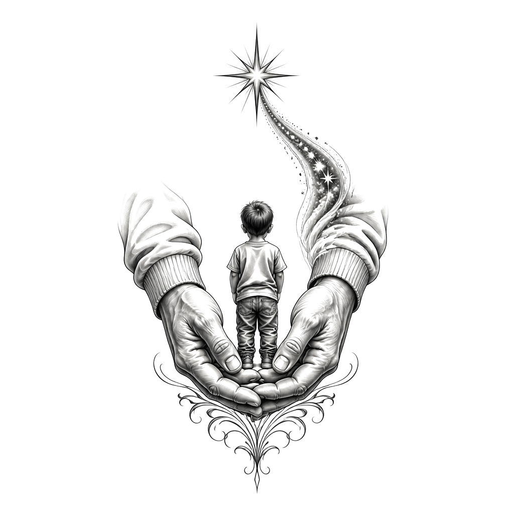 A small boy standing between two gently clasped adult hands, one fading into a guiding star above, symbolizing grandparents’ enduring belief and a grandfather’s heroic legacy.