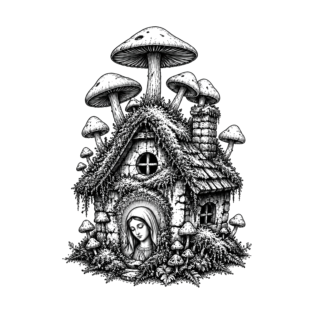 Mushrooms and moss overtaking a tiny house