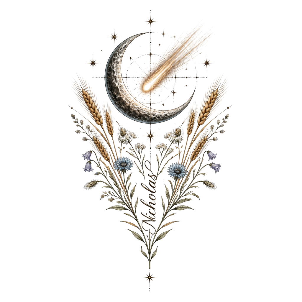 A meticulous celestial scene: crescent moon cradling a sunlit comet above symmetrical wheat and wildflowers, tiny stars arranged like a surveyor’s grid, with “Nicholas” along the stem.