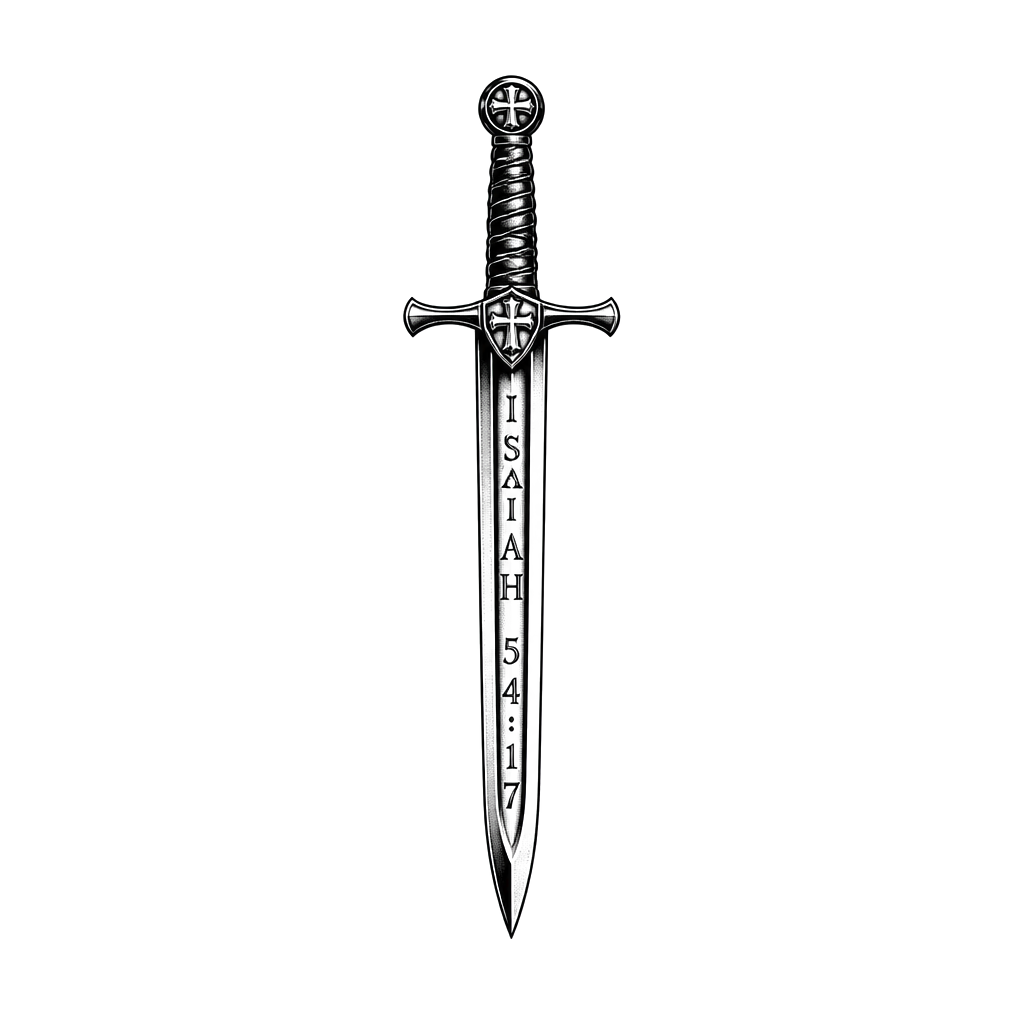 The words “Isaiah 54:17” inside a sword.