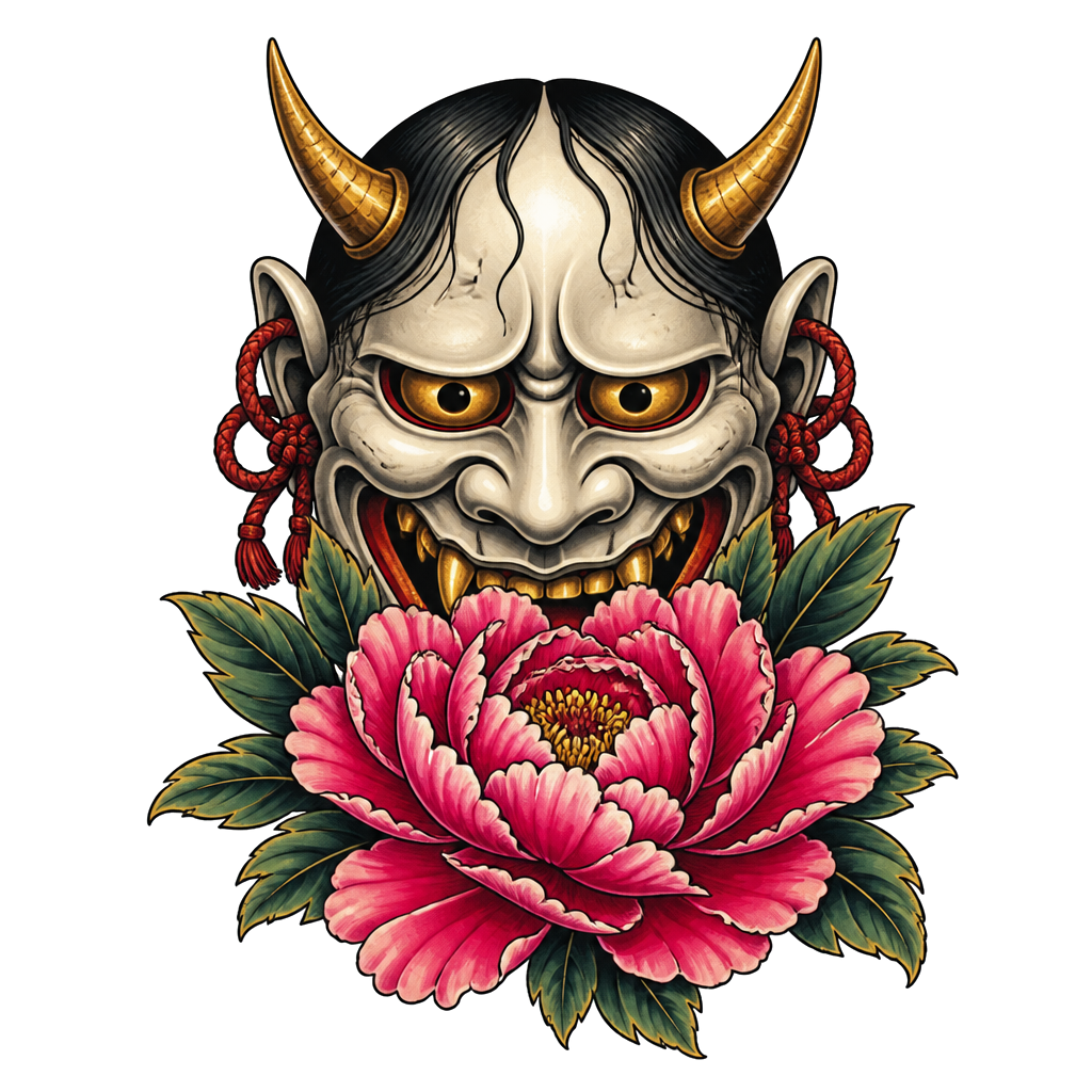 A hannya mask behind a single peony bloom
