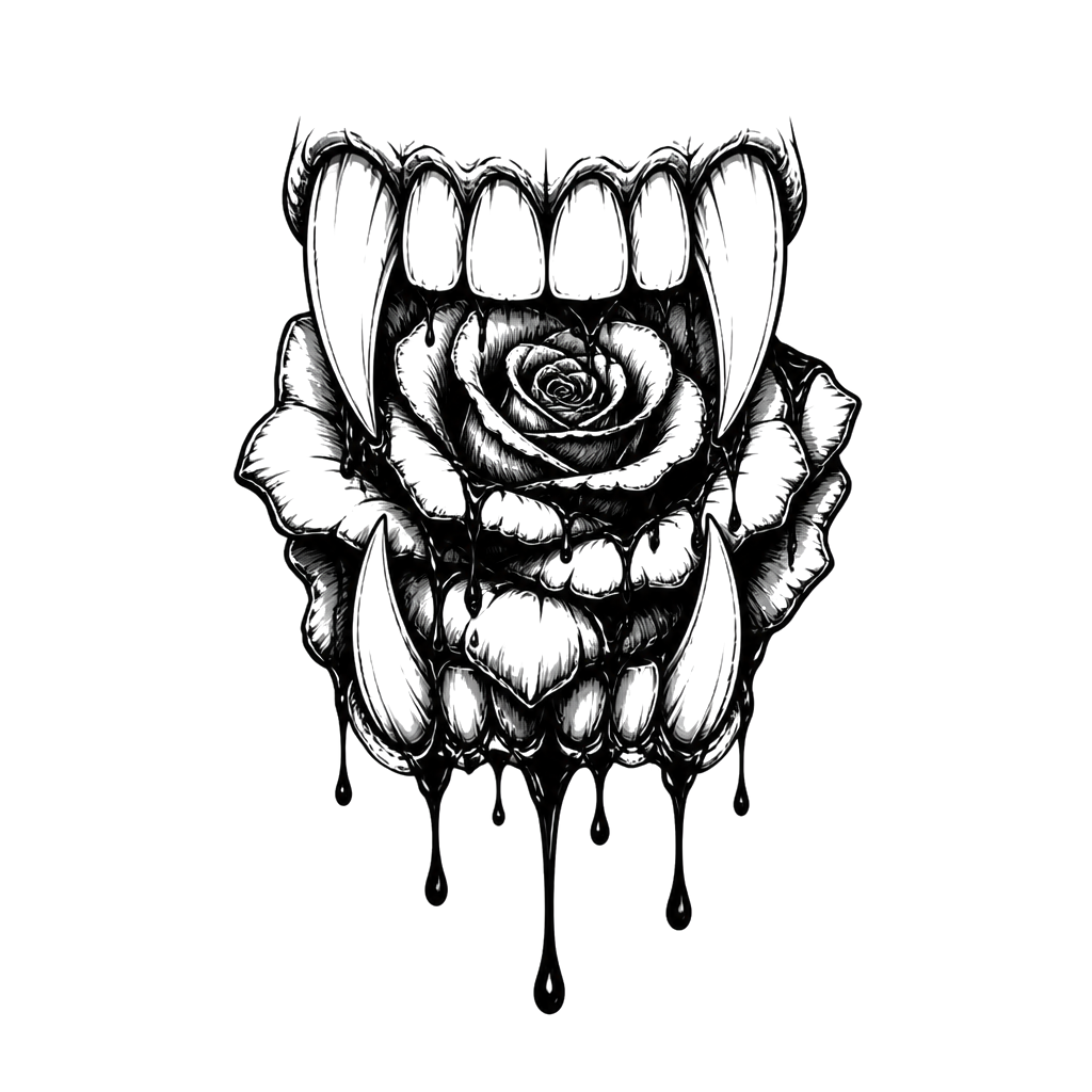 A pair of fangs biting into a rose that drips black