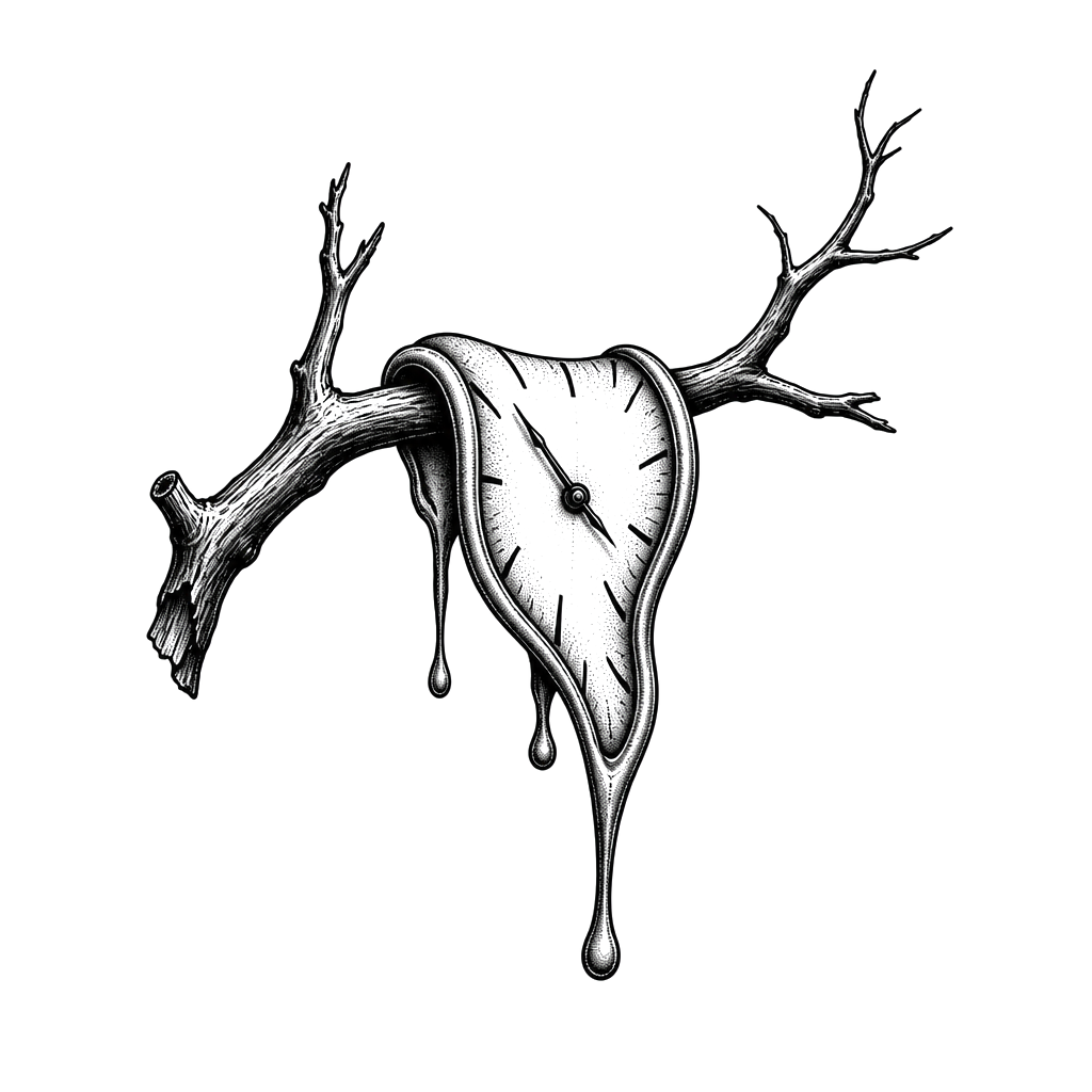 A melting clock draped over a bare branch