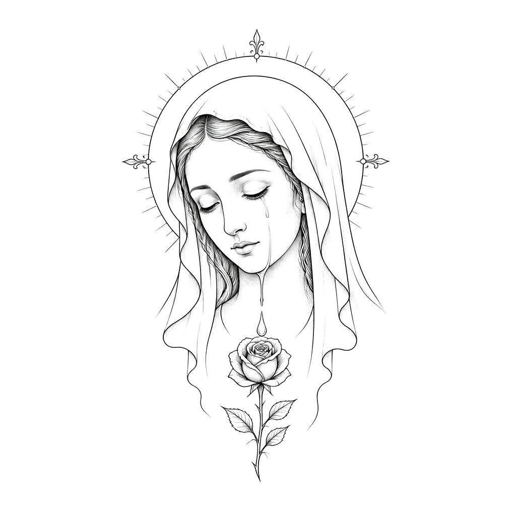 Serene Virgin Mary’s face with lowered eyes, a delicate halo, and a single tear transforming into a small rose beneath her chin.