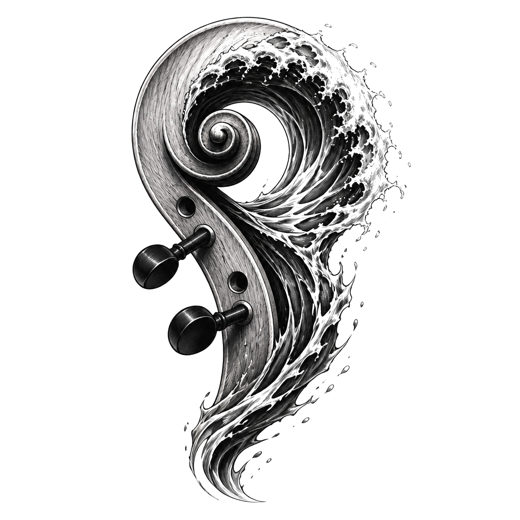 A violin scroll curling into an ocean wave