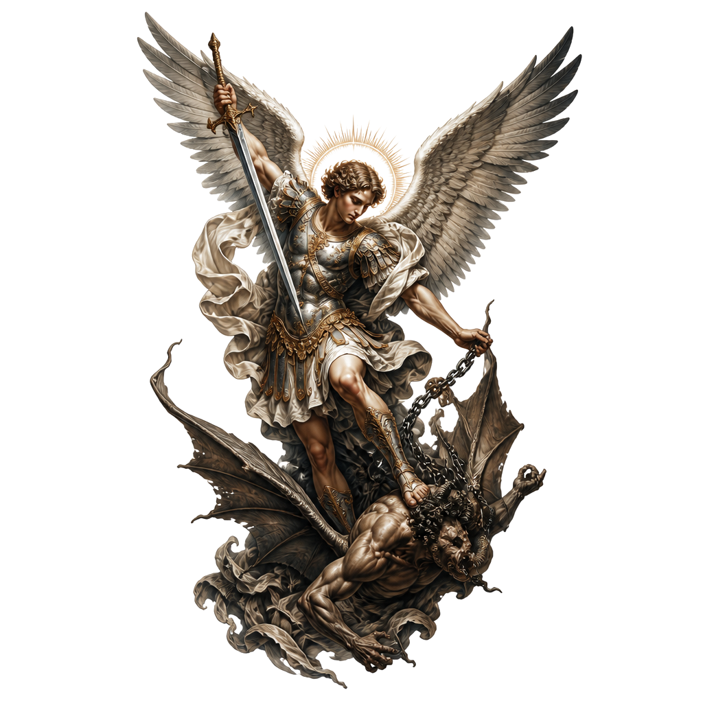 Saint Micheal the archangel defeating and casting Satan