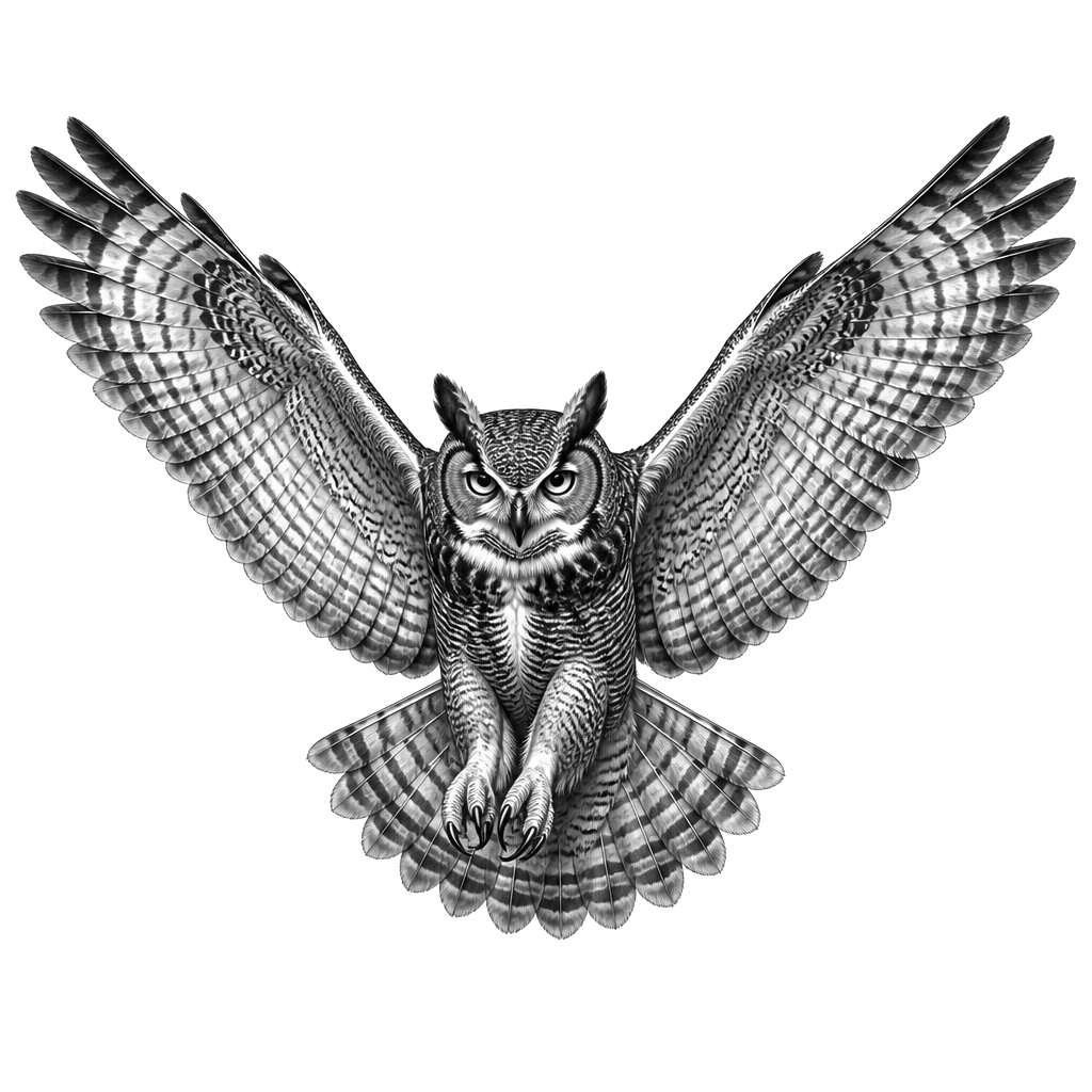 An owl in flight with every feather rendered